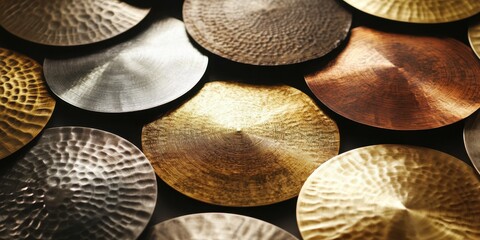 Poster - Metallic cymbals in various shades and textured finishes arranged together