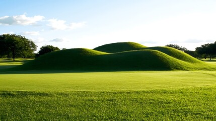 Wall Mural - Rolling green hills on a golf course under a clear sky with fluffy clouds in the background