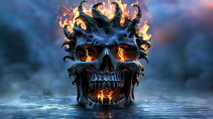 Wall Mural - Skull emerges in abstract surrealism creepy with fire and swirling smoke. Fiery Skull with Flames Rising from Dark Waters