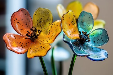 Poster - three colorful glass flowers with speckled texture .three vibrant glass flowers displayed in front o