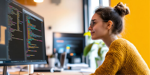 Woman coding on a computer with colorful programming languages on screen in an office setting, Female software developer working on coding project at the desk in a modern office
