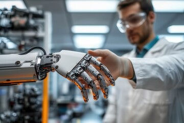 Poster - The future of AI and human partnership: a handshake between a scientist and a robotic hand in a modern research lab setting .