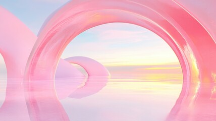 Poster - Minimalist pink hallway with repeating arch openings, sunlight streaming through, creating background serene architectural perspective and spatial depth abstraction in pastel colors