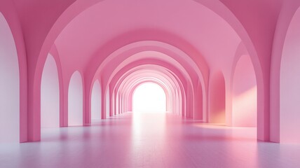 Poster - Minimalist pink hallway with repeating arch openings, sunlight streaming through, creating background serene architectural perspective and spatial depth abstraction in pastel colors