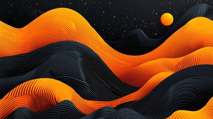 Aufkleber - Abstract orange and black waves, night sky, digital art, website banner