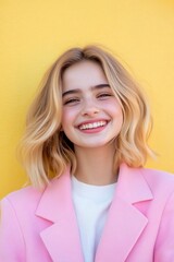 Wall Mural - Young woman smiling against bright yellow backdrop