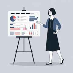 Poster - A minimalistic and clean illustration of a woman presenting data on a flip chart with pie charts, graphs, and statistics, symbolizing business presentations, data analysis, and communication.