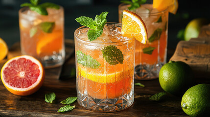 Wall Mural - Refreshing Citrus Cocktails with Mint and Ice in Elegant Glasses on Rustic Wooden Table