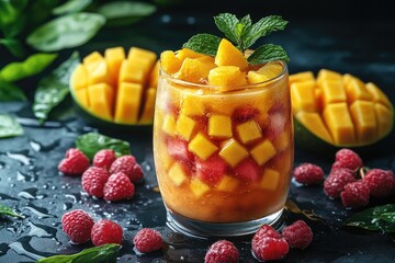 Wall Mural - Refreshing Mango Raspberry Cocktail with Mint Garnish and Fresh Ingredients