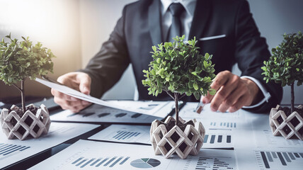 Poster - a businessman in a suit working on financial reports with graphs, charts, and plants in the office, 