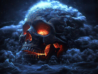 Wall Mural - Skull emerges in abstract surrealism creepy with fire and swirling smoke. Dark Ethereal Skull Surrounded by Fiery Clouds at Night