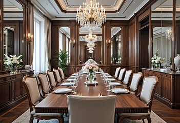 Dining room with a solid wood table for ten seats