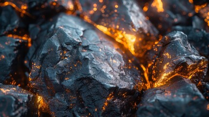 Aufkleber - Bright orange molten lava flows and glows between rough, dark volcanic rocks, creating a striking contrast in a geothermal area at twilight, highlighting the raw power of nature.