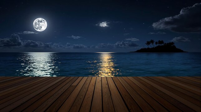 Wooden deck overlooking a tropical Full Moon over the Tropical Deck Background, A serene nighttime scene where a wooden deck is softly illuminated by the full moon, reflecting on the calm ocean. The s