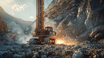 Aufkleber - A powerful drilling machine is engaged in excavation work on a rugged mountainside under a clear sky, sending rocks flying and producing bright sparks in the afternoon sun.