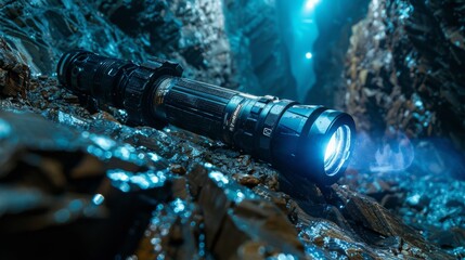 Aufkleber - Bright light from a sturdy flashlight cuts through the dark in a narrow cave. Intricate rock formations shimmer under the focused beam, creating an enchanting atmosphere.