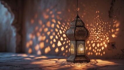 Poster - soft glow of a lantern casting intricate shadows on a textured wall in a dimly lit space