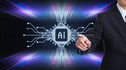 Poster - a business professional interacting with a glowing digital interface displaying ai technology, symbo