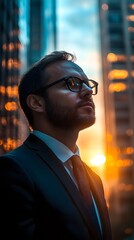 Wall Mural - Contemplative professional gazing skyward in urban setting, bathed in golden light with city backdrop.