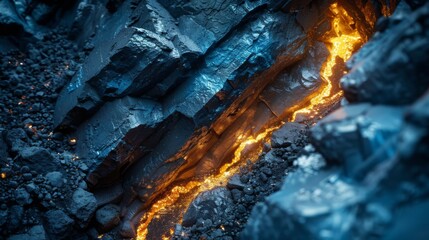 Aufkleber - Bright orange lava streams through jagged black volcanic rock, creating a striking contrast against the surrounding dark, textured surface during twilight.