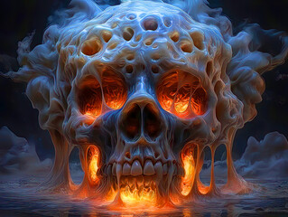 Wall Mural - Skull emerges in abstract surrealism creepy with fire and swirling smoke. Ethereal Glowing Skull Surrounded by Dark Atmospheric Clouds