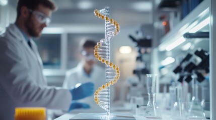 Poster - Exploring high-resolution dna helix model laboratory setting scientific image innovative environment close-up view molecular biology