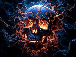 Wall Mural - Skull emerges in abstract surrealism creepy with fire and swirling smoke. Glowing Skull with Fiery Roots and Dark Smoke Background