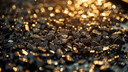 Poster - A collection of black stones glimmers under soft light, creating a mesmerizing pattern that captures the beauty of natural materials at dusk, highlighting textures and reflections.