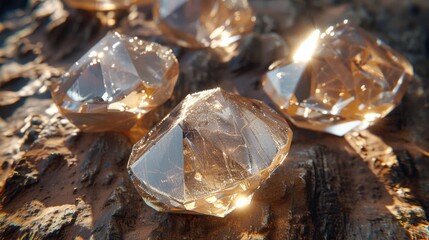 Poster - Shimmering crystals rest on a textured surface, their facets catching the light and creating dazzling reflections. The arrangement highlights their unique shapes and clarity.