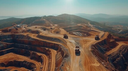 Aufkleber - Massive dump trucks navigate through a large open pit mining operation, showcasing the layered earth and machinery involved in resource extraction under a bright sky.