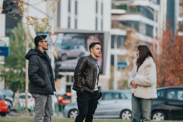 Wall Mural - Three friends gather and converse in a lively urban outdoor setting, showcasing casual fashion and city life. The vibrant environment highlights connection and lifestyle dynamics during a typical