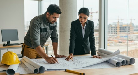 Professionals collaborating on construction blueprints in a modern office with a cityscape background