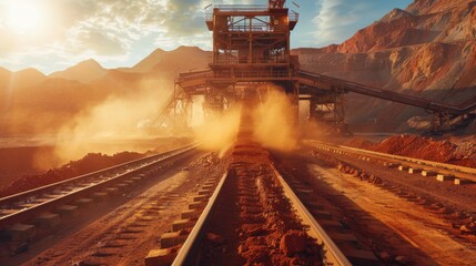 Aufkleber - Heavy machinery operates in a mining site as clouds of dust rise into the air, illuminated by the warm glow of sunset over the mountain backdrop and railway tracks.