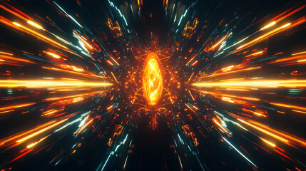 Poster - Abstract glowing explosion of fiery orange and blue light beams radiating from the center, symbolizing energy, movement, and powerful digital design concepts.