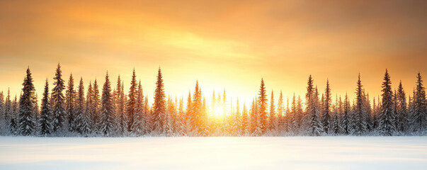 Wall Mural - breathtaking sunset casts fiery colors over a vast winter forest. snow-covered branches reflect the 