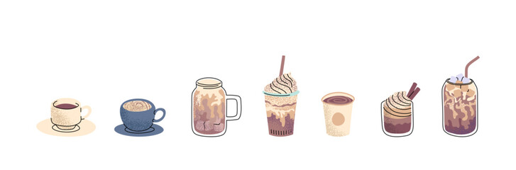 Poster - cartoon color different hot and cold coffee beverage set with line art elements. vector illustration