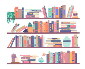 Wall Mural - Cartoon Color Book Shelves Home Library Set Literature Reading Concept Flat Design Style. Vector illustration of Bookshelf