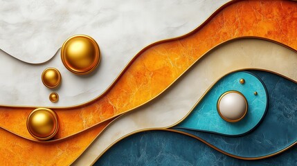 Wall Mural - Abstract marble waves, gold & pearl spheres, luxury background, design