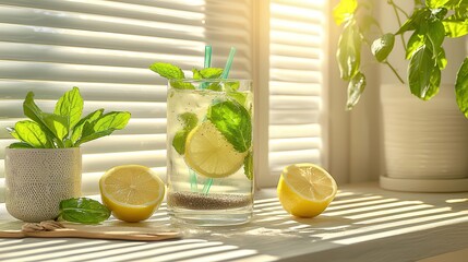 Wall Mural - Chia seed for vegan hydration. Refreshing lemonade with mint on a sunlit windowsill.