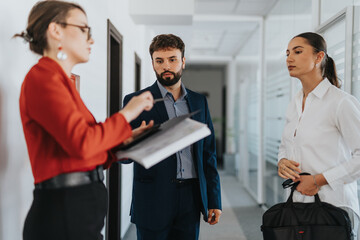 Wall Mural - A group of business people engaged in a discussion in a contemporary office setting. The scene captures teamwork, communication, and corporate environment in business operations.