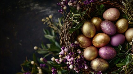 Wall Mural -   Close-up of wicker basket with eggs, greenery, and berries on dark background