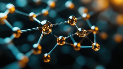 Fototapete - Golden Molecular Structure, Network, Science, Abstract Background, Technology