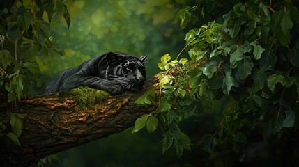 Poster -   A tiger in a tree resting amidst green foliage against a dark green backdrop