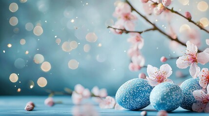 Wall Mural -   A trio of azure eggs nestled atop a table beside a blooming tree branch