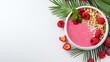 © Angellacelin - Pink Raspberry Smoothie Bowl with Granola and Tropical Leaves