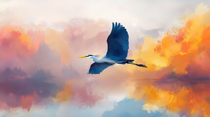 Wall Mural - a bird flying over water beneath a vibrant sky with clouds and trees painted in colors