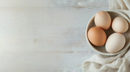 Wall Mural -   A bowl of eggs on a white cloth on a white wooden table alongside a towel