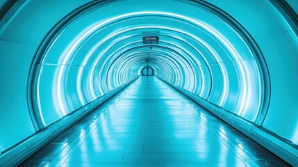 Aufkleber - Futuristic airport walkway, turquoise lighting, travel background