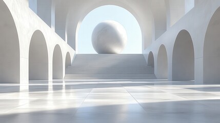 Poster - White sphere on steps in arched hall