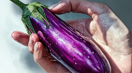 Wall Mural -   A person holds a purple eggplant with water droplets on it in a painting